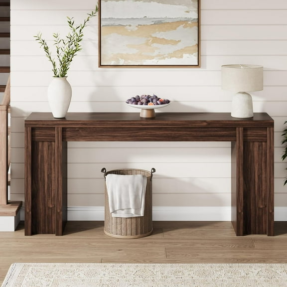 Cherry Finish Wooden Console Table, Extra Long Design with 2 Drawers and Open Storage Shelf, L-Shaped Legs, Mark Resistant Accent Table for Home Entryway Hallway Living Room
