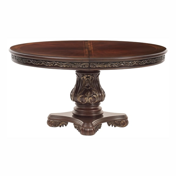 Cherry Finish with Gold Tipping 1pc Dining Round/Oval Table with Extension Leaf Traditional Design Furniture