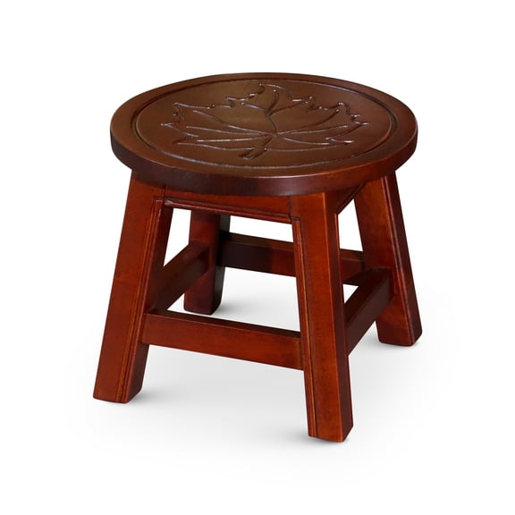 Cherry Finished Rubber Wood Carved Step Stool with Maple Leaf Motif