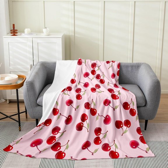 Cherry Flannel Fleece Throw Blanket, Cute Cherry All Season Bed Blanket Fresh Fruit Fuzzy Blanket for Boys Girls Women Men, Cartoon Cherry Bedroom Decor Plush Blanket Queen 50"x60"