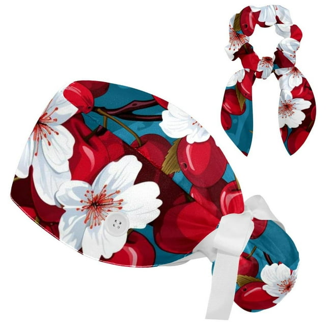 Cherry Flower Bandana Caps Sweatband with Hair Scrunchies Bowknot Hair ...