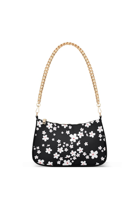 Cherry Flower Black Womens Chain Shoulder Bag Tote Handbag Clutch Hobo Purse with Zipper for Travel Casual