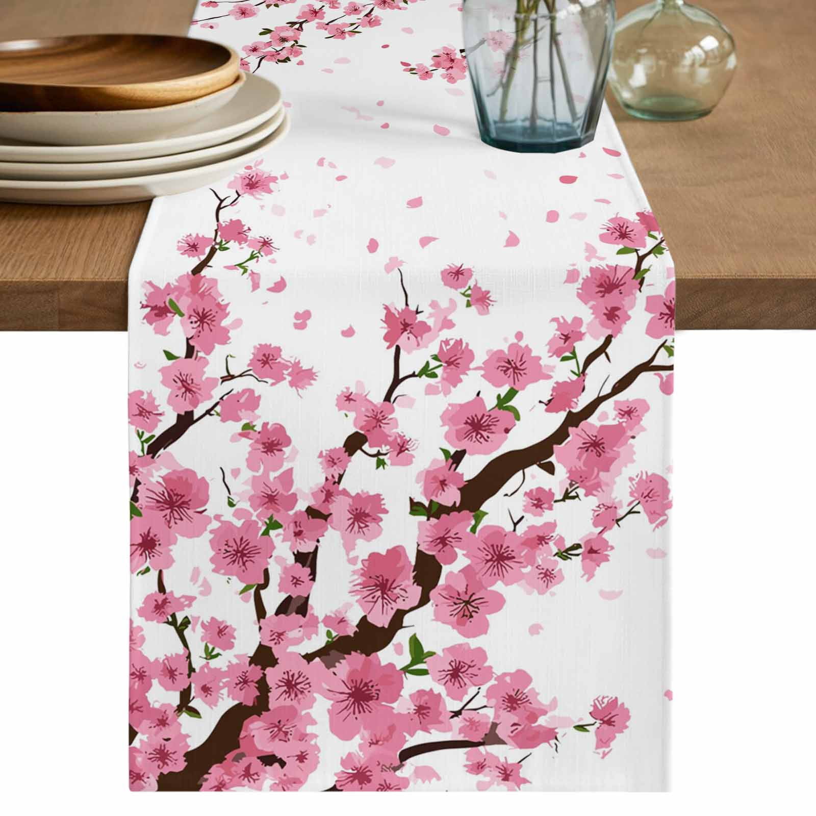 Cherry Flower Cotton Linen Table Runner for Dining Kitchen, Spring ...