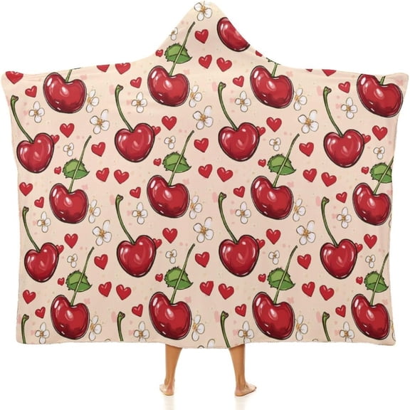 Cherry Flower Heart Hooded Blanket Soft Wearable Blanket Throw Blanket Wrap Cloak Cape for Women Men