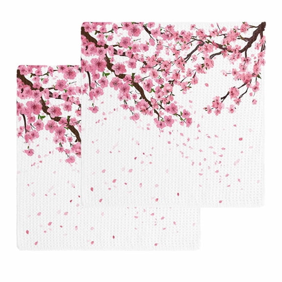 Cherry Flower Kitchen Dish Towels for Drying Dishes Set of 2, Spring Blossoms Pink Floral Branches Waffle Weave Microfiber Hand Tea Bathroom Towels Quick Dry & Absorbent Towel 12x12