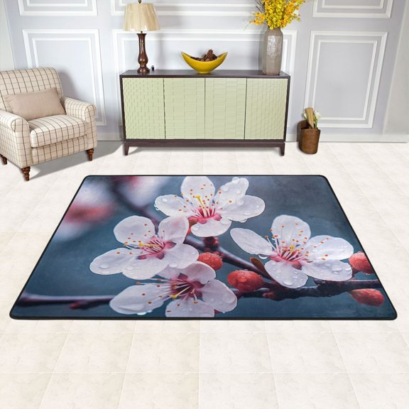 Cherry Flowers Branches Area Floor Mats Soft Large Nursery Rugs Non-Slip Foam Carpets Living Room Doormat for Bedroom Dinning Decor 36" x 24"