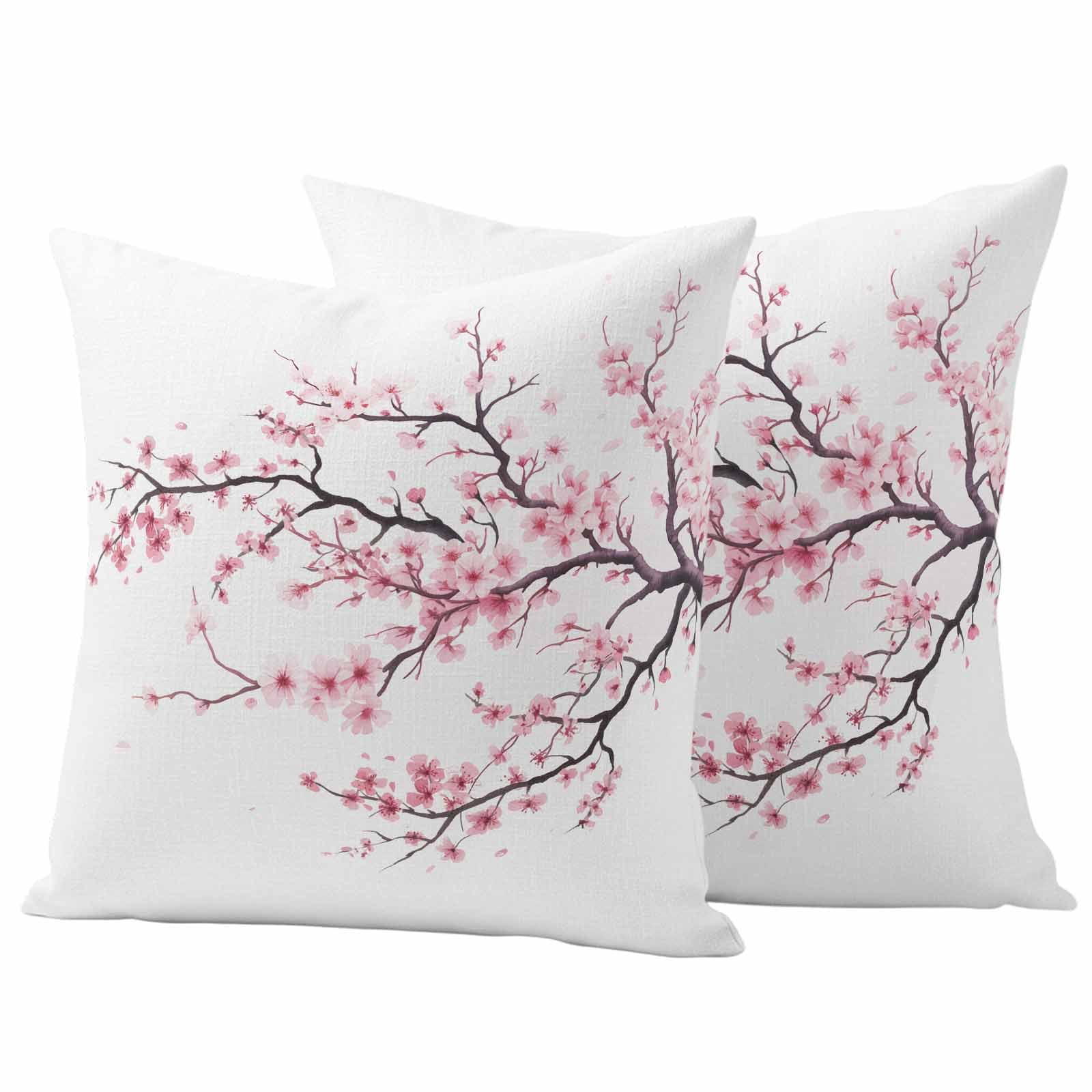 Cherry Flowers Pillow Covers 2 Pack Pink Floral Branch Spring Watercolors Pillowcase Waterproof Outdoor Throw Pillow Cover for Patio Garden Square Cushion 18”x18”