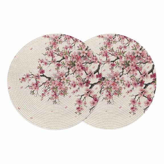Cherry Flowers Round 13 Inch Placemats Set of 2, Spring Modern Pink Floral Branch on Linen HeatResistant Non Slip Place Mats for Dining Table, Wipeable Braided Kitchen Table Mats for Housewarming