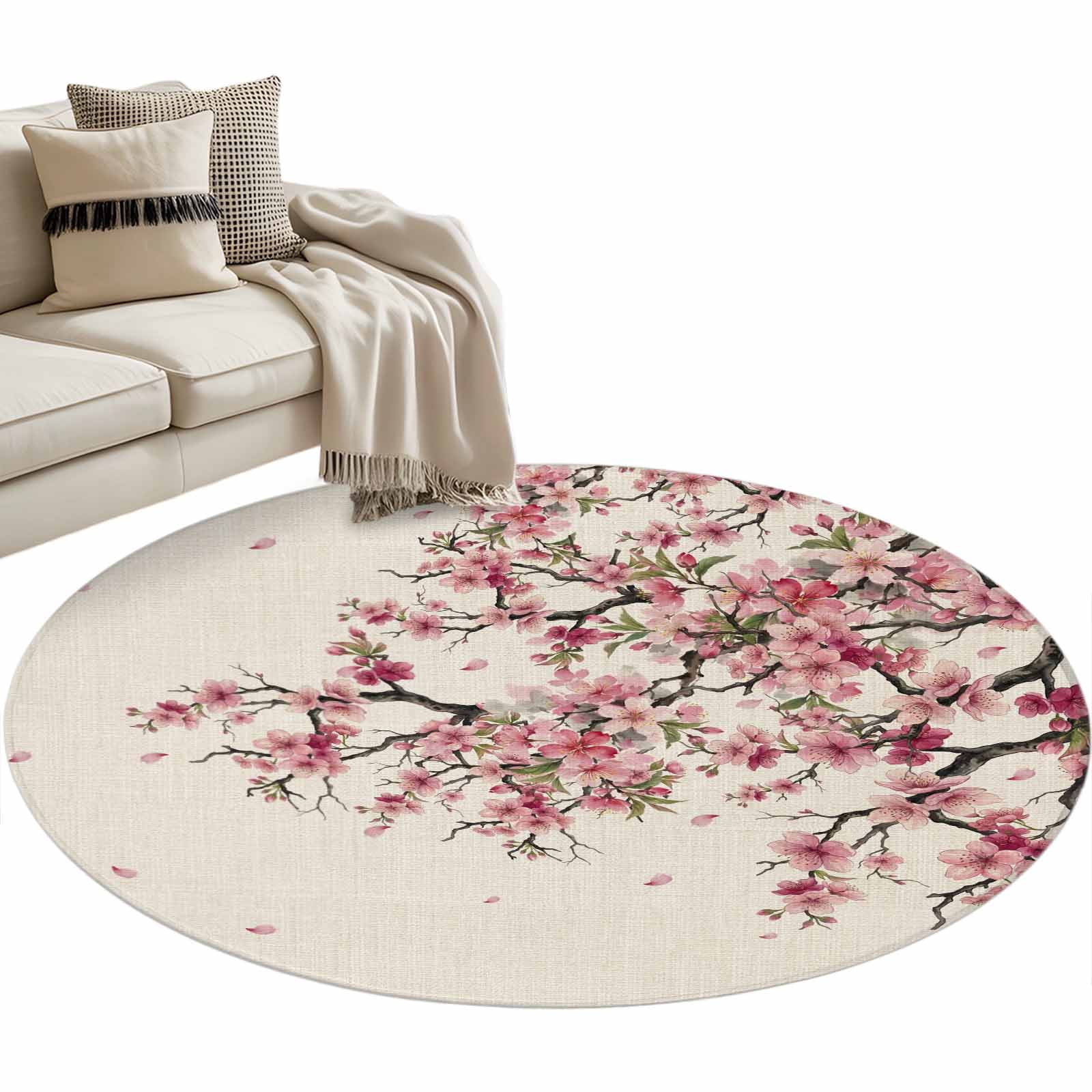 Cherry Flowers Round Rug 3.3ft Washable Circle Entryway Rugs Non Slip ...