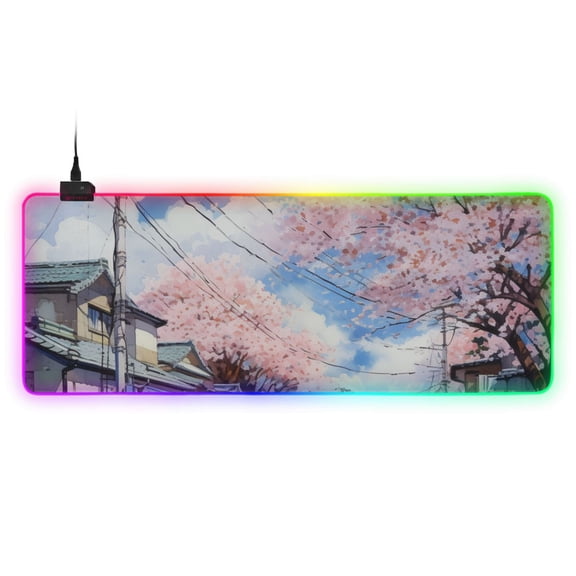 Cherry Flowers Street Landscape RGB Gaming Mouse Pad Large Keyboard Mat Rubber Base 13 Light Modes