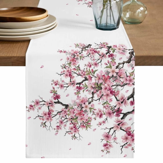 Cherry Flowers Table Runner 72 Inches, Spring Modern Pink Floral Branch Bed Runner Dresser Scarves Tabletop for Indoor Outdoor Parties/Ceremony/Banquet, 18" x 72"