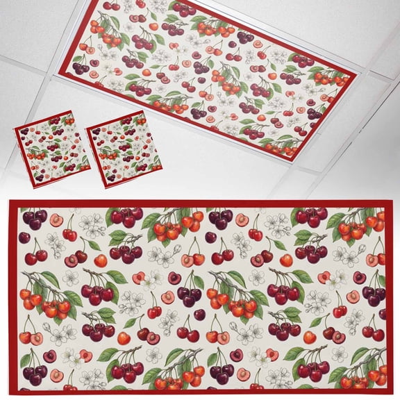 Cherry Fluorescent Light Covers Retro Pink Red Cherry White Floral Beige Texture Magnetic Light Filters Ceiling Lighting Panel Shade for Classroom Office Home 2 x 4 ft, 2 Pack