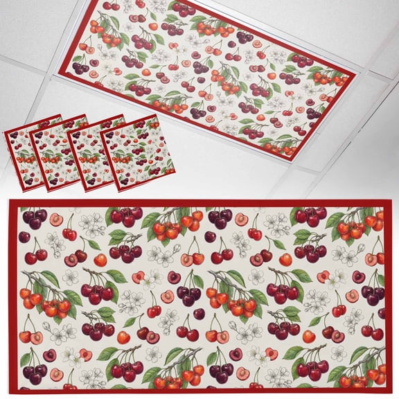 Cherry Fluorescent Light Covers Retro Pink Red Cherry White Floral Beige Texture Magnetic Light Filters Ceiling Lighting Panel Shade for Classroom Office Home 2 x 4 ft, 4 Pack