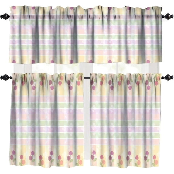 Cherry Fruit Cartoon Theme Blackout Valance, Watercolor Checkered Background Print, Colorful Style Art Deco Valance, Children''S Girl''S Bedroom Personality Rod Pocket Valance Set 54x18 in