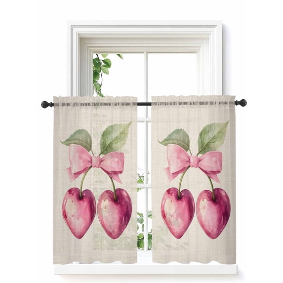 Cherry Fruit Curtains 45 Inch Length,Sheer Curtains for Bedroom Living Room Window Spring Botanicals Bow Idyllic Country Leaf Rod Pocket Drapes Kitchen Curtains Small Half Window 42"x45" 2 Panels
