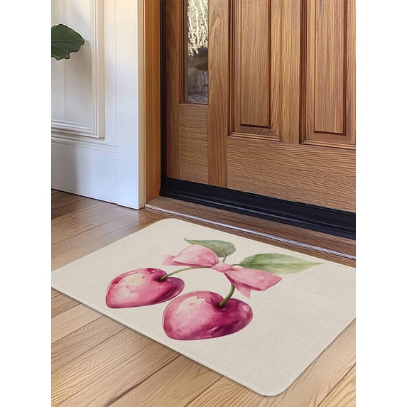 Cherry Fruit Door Mat Indoor Outdoor Entrance, Non Slip Rug for Kitchen Bathroom Entryway Rug, Spring Botanicals Bow Idyllic Country Leaf Washable Doormat Floor Mat 20x31.5 Inch