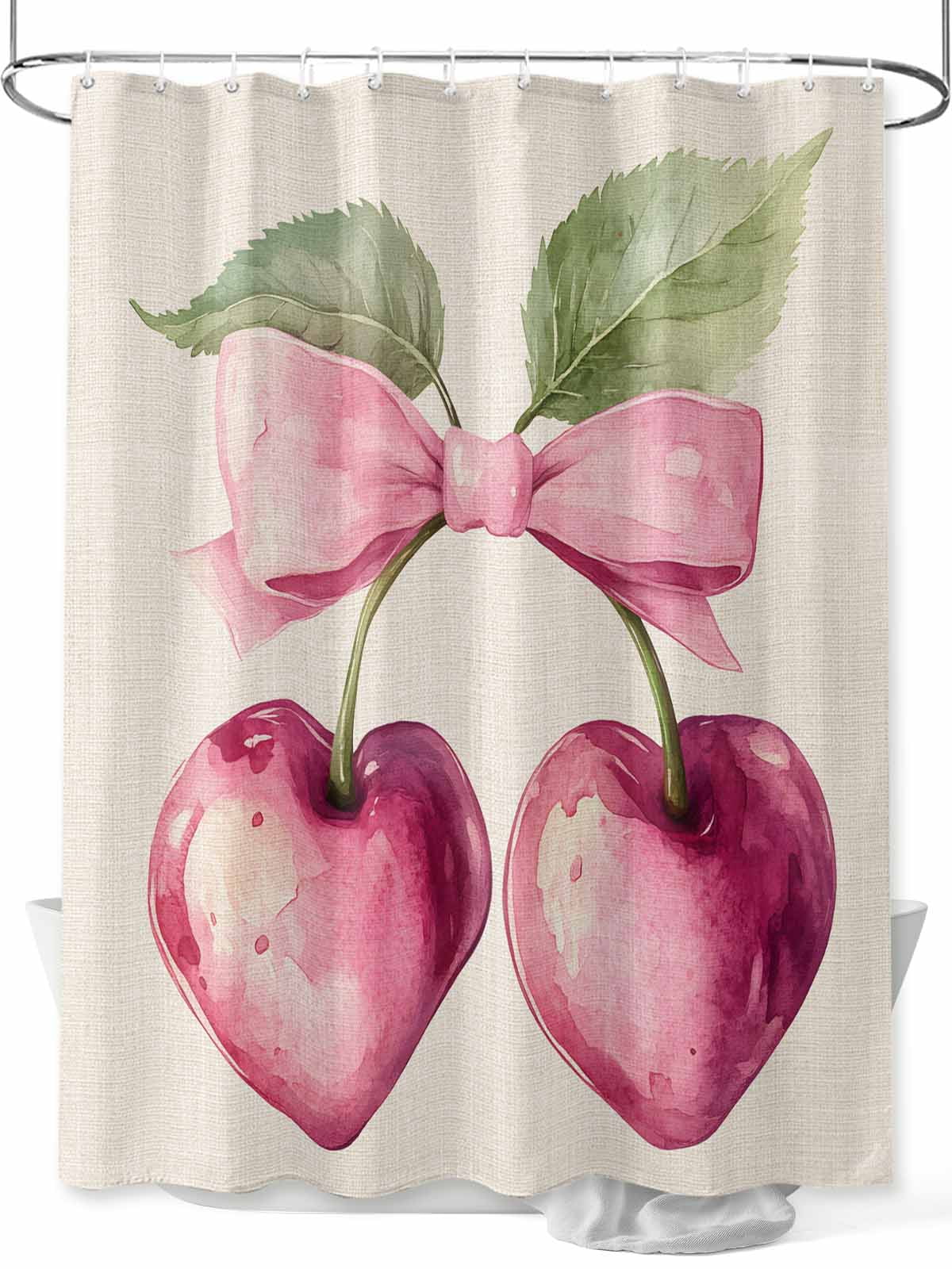 Cherry Fruit Extra Long Shower Curtain Set, Waterproof Shower Curtains for Bathroom, Spring Botanicals Bow Idyllic Country Leaf Washable Fabric Cloth Bath Curtain for Bathtub with Hooks 72x96 Inches
