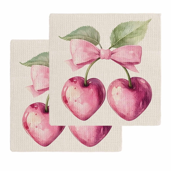 Cherry Fruit Kitchen Dish Towels for Drying Dishes Set of 2, Spring Botanicals Bow Idyllic Country Leaf Waffle Weave Microfiber Hand Tea Bathroom Towels Quick Dry & Absorbent Towel 12x12
