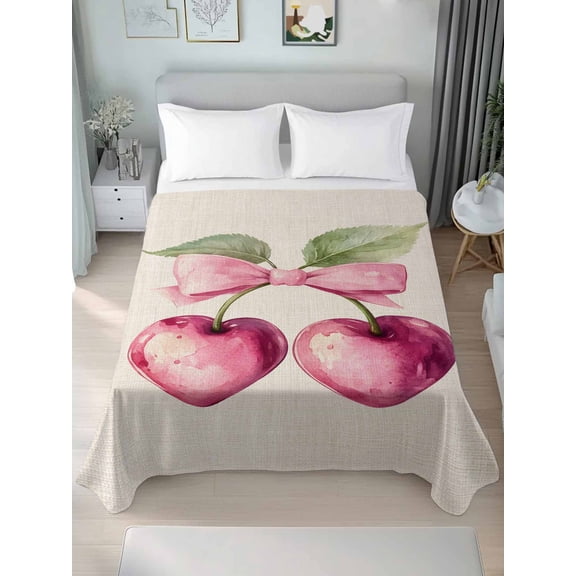 Cherry Fruit Queen Size Flat Sheet, Wrinkleproof & Fadeproof Cooling Flat Bed Sheet Only, Spring Botanicals Bow Idyllic Country Leaf Breathable Soft Bedding Top Sheets 90 x 102 Inches