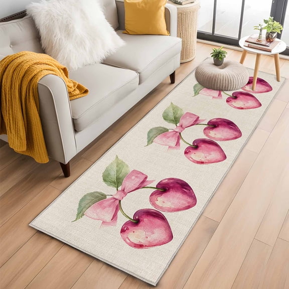 Cherry Fruit Runner Rug 2x6 FT,Non Slip Hallway Rugs,Spring Botanicals Bow Idyllic Country Leaf Washable Soft Floor Carpet Throw Runner Carpet Long Rugs for Entryway Kitchen Bedside Sliding Door