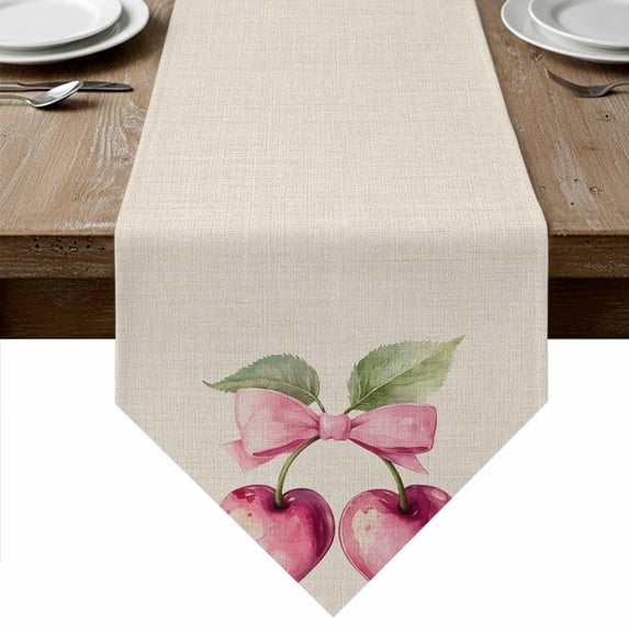 Cherry Fruit Table Runner Linen Burlap Table Runner 90 Inches Long Spring Botanicals Bow Idyllic Country Leaf Dresser Scarves for Kitchen Island Coffee Dining Party Wedding Holiday Decor 13"x90"