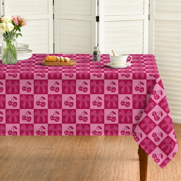 Cherry Fruit Tablecloth, 60×104 Inch Rectangular, Sweet Cherry and Bows Prints, Seasonal Washable Table Cover for Birthday Baby Shower Wedding Party Supplies