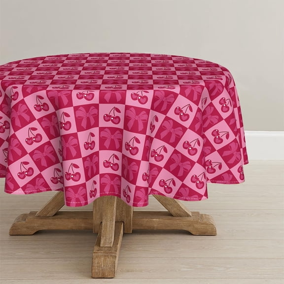Cherry Fruit Tablecloth, 70×70 Inch Round, Sweet Cherry and Bows Prints, Seasonal Washable Table Cover for Birthday Baby Shower Wedding Party Supplies