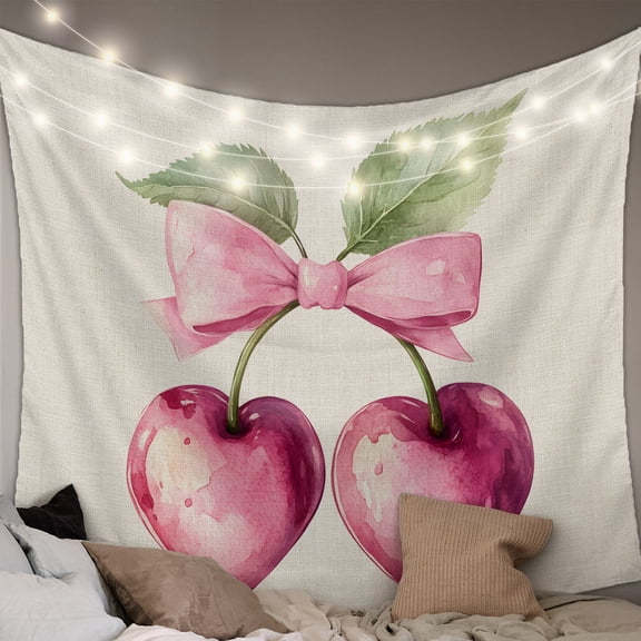 Cherry Fruit Tapestry for Bedroom Wall Hanging Tapestry, Spring Botanicals Bow Idyllic Country Leaf Ceiling Backdrop Tapestries Poster Blanket Wall Decor for Teens Room Living Room Dorm 39" x 59"
