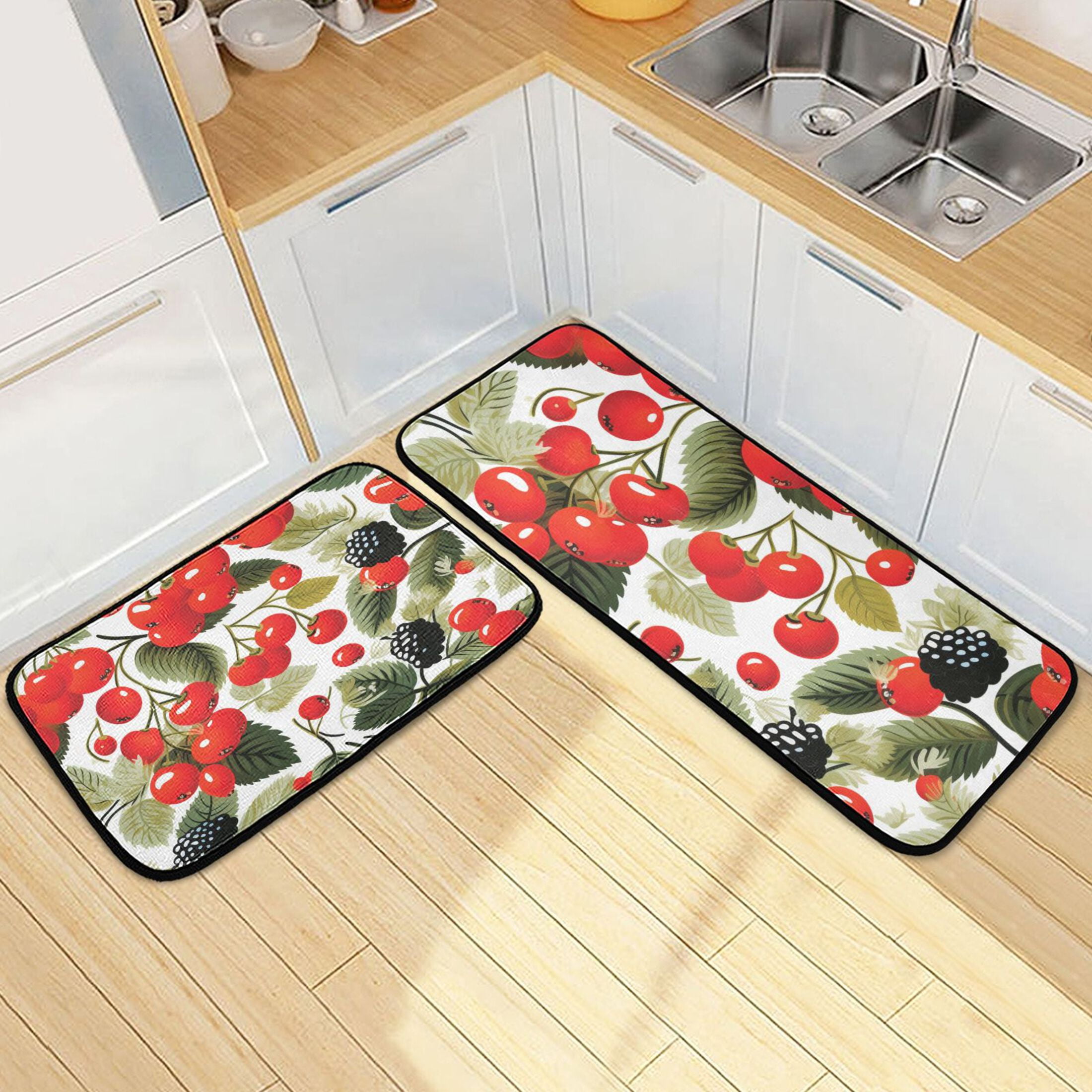 Cherry Fruits with Leaves Kitchen Rugs Set of 2 Non Slip Floor Foam Mat ...