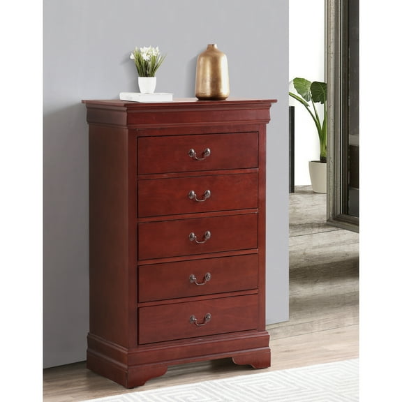 Cherry G2100 Bedroom Chest: Drawer Construction Chest - Traditional Decor With Bases, Curved Mouldings, English Dovetailed Drawers, Secure Metal Center Guides, Hardware
