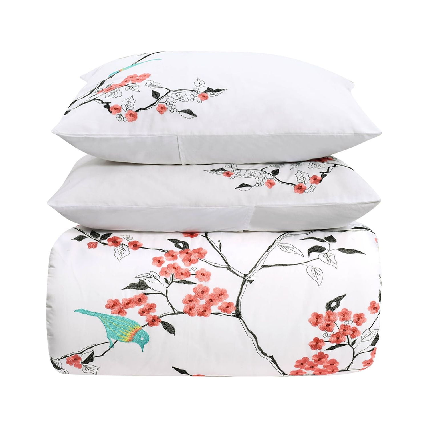 California King Coral Cotton Embroidered Duvet Cover Set