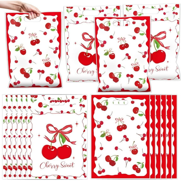 Cherry Gift Bag Party Decorations - 50 Pcs Cherry Bow Goodie Candy Treat Bags Red Sweet Cherries Gift Favors Coquete Fruit Themed Decorations for Women Birthday Party Baby Shower