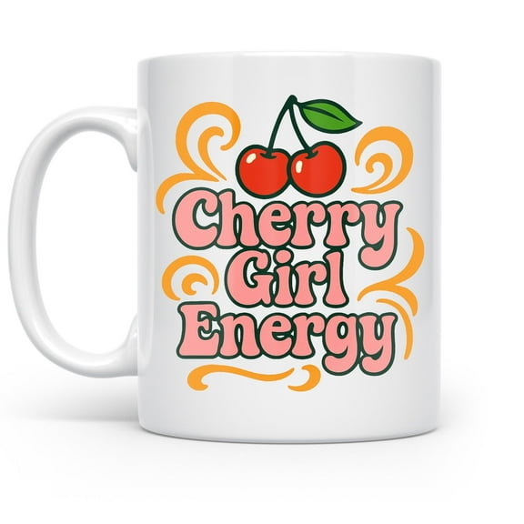 Cherry Girl Energy 11 oz Coffee Mug - Retro 70s Style White Ceramic Gift