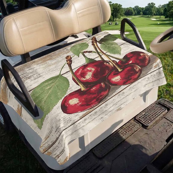 Cherry Green Leaf Golf Cart Seat Covers, Watercolor Vintage Retro Fruit Wood Grain Farmhouse Golf Cart Seat Towel Blanket Soft Microfiber 2 Passenger Club Car Bench Protector 51 x 31 in