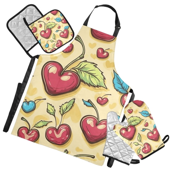 Cherry Hearts on Brown Oven Mitts and Pot Holders with Chef Apron Set 5 Pcs Kitchen Cooking Set
