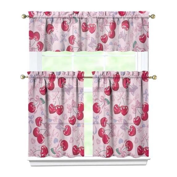 Cherry Kitchen Curtain Valance 3 Piece Set Short Curtain Sink Window Decor 36 Inch Small Window Treatment Tier 27.5x36 Length