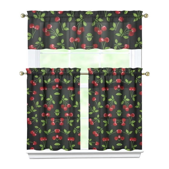 Cherry Kitchen Curtains Set Tier and Valance, Cute Sweet Red and Pink Fruit Print, Aesthetic Cherry Lovers Pattern with Candy Art Illustration for Kitchen or Dining Room