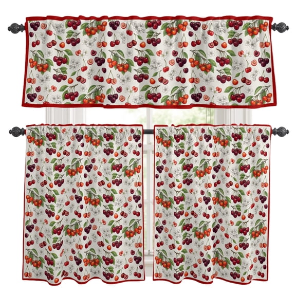 Cherry Kitchen Curtains Set for Windows, Retro Pink Red Cherry White Floral Beige Texture Curtains Valance and Tier 3 Piece Set Small Drapes 24 Inch Length for Kitchen Bedroom Decor