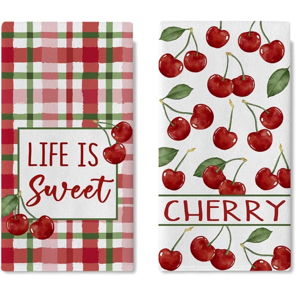 Cherry Kitchen Dish Towels Set of 2, Life is Sweet Fruit Red Green Plaid Drying Hand Towel Baking Cooking Cloth, Spring Summer Farmhouse Bathroom Home Decoration 18 x 26 Inches