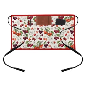 Cherry Kitchen Restaurant Half Waist Apron, Retro Pink Red Cherry White Floral Beige Texture Server Short Apron with 3 Pockets Waterproof Oil Waist Aprons for Women Waitress Waiter