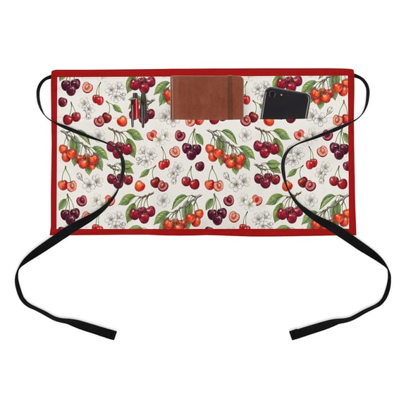 Cherry Kitchen Restaurant Half Waist Apron, Retro Pink Red Cherry White Floral Beige Texture Server Short Apron with 3 Pockets Waterproof Oil Waist Aprons for Women Waitress Waiter
