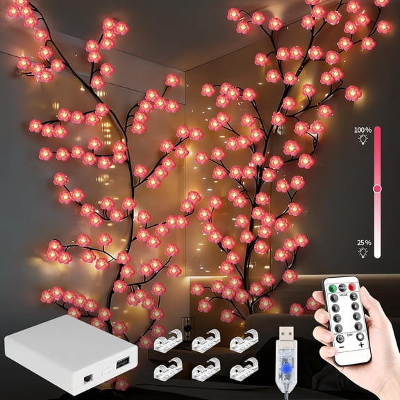 Cherry LED Branch Lights, 144 LED Willow Vine Light Garland Lighting with Remote Control, 8 Adjustable Lighting Modes, Plug-in Indoor Decorative Lights for Wall Door Decor