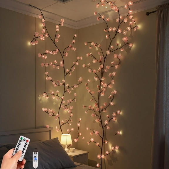 Cherry LED Tree Branch Lights for Wall, Cherry Blossom Willow Vine Twig Decor Garland with 144LED Lights and Remote, 8 Lighting Modes for Home Wall Door Window(wwx)