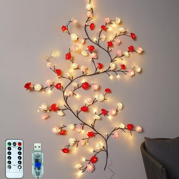 Cherry LED Tree Branch Lights for Wall, Cherry Blossom Willow Vine Twig Decor Garland with 48 LED Lights and Remote,8 Lighting Modes,Christmas Decorations Indoor for Home Wall Door Window (47inch)