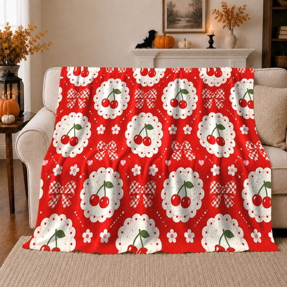 Cherry Lace Circles Red, Playful Botanical Garden Scene, Warm Flannel Blanket for Sunroom and Reading Nook, Garden Lovers Thanksgiving Gift, Artistic Home Decor