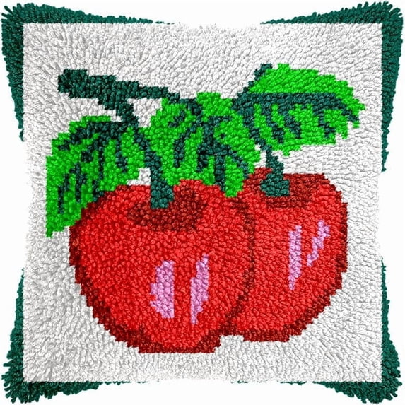 Cherry Latch Hook Pillow Cover Kits for DIY Handmade Throw Pillow Cross Stitch Latch Hooking Pillowcase Kits with Preprinted Color Pattern Canvas Crochet Yarn Kits 17''X 17''(a1)