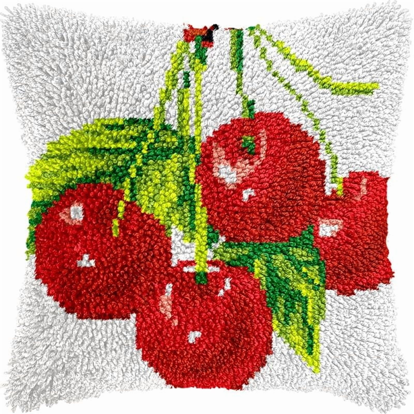 Cherry Latch Hook Pillow Kits for DIY Handmade Throw Pillow Cushion Cross Stitch Latch Hooking Pillowcase Kits with Preprinted Canvas Crochet Yarn 17''X 17''(Y41)