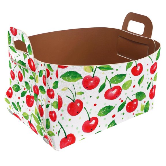Cherry Leaves Storage Basket Collapsible Storage Bin, PU Foldable Basket Convenient Box Storage Organizer with Handles for Shelves Office Bedroom Closet Nursery Toys Laundry