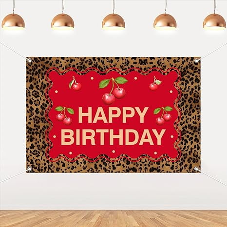 Cherry Leopard Birthday Backdrop 5x3ft, Happy Birthday Backdrop Red Sweet Cherries Brown Leopard Photography Background for Women, Polyester Fabric Photo Booth Studio Props