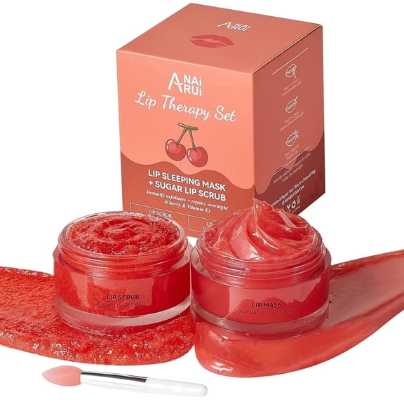 ANAiRUi Cherry Lip Scrub & Lip Mask Set, Vitamin E, Lip Scrub For Women, Lip Scrubber Exfoliator, Hydrating Lip Mask Overnight, Sugar Scrub for Dry Chapped Lips, Lip Care Set for Women